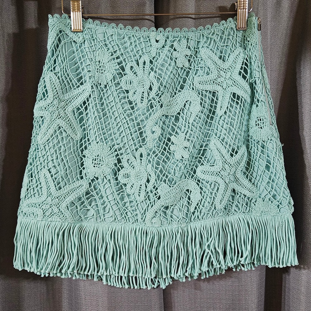 Saylor Samia Teal Crochet Starfish Seahorse Fringe Mini Skirt Small S211917